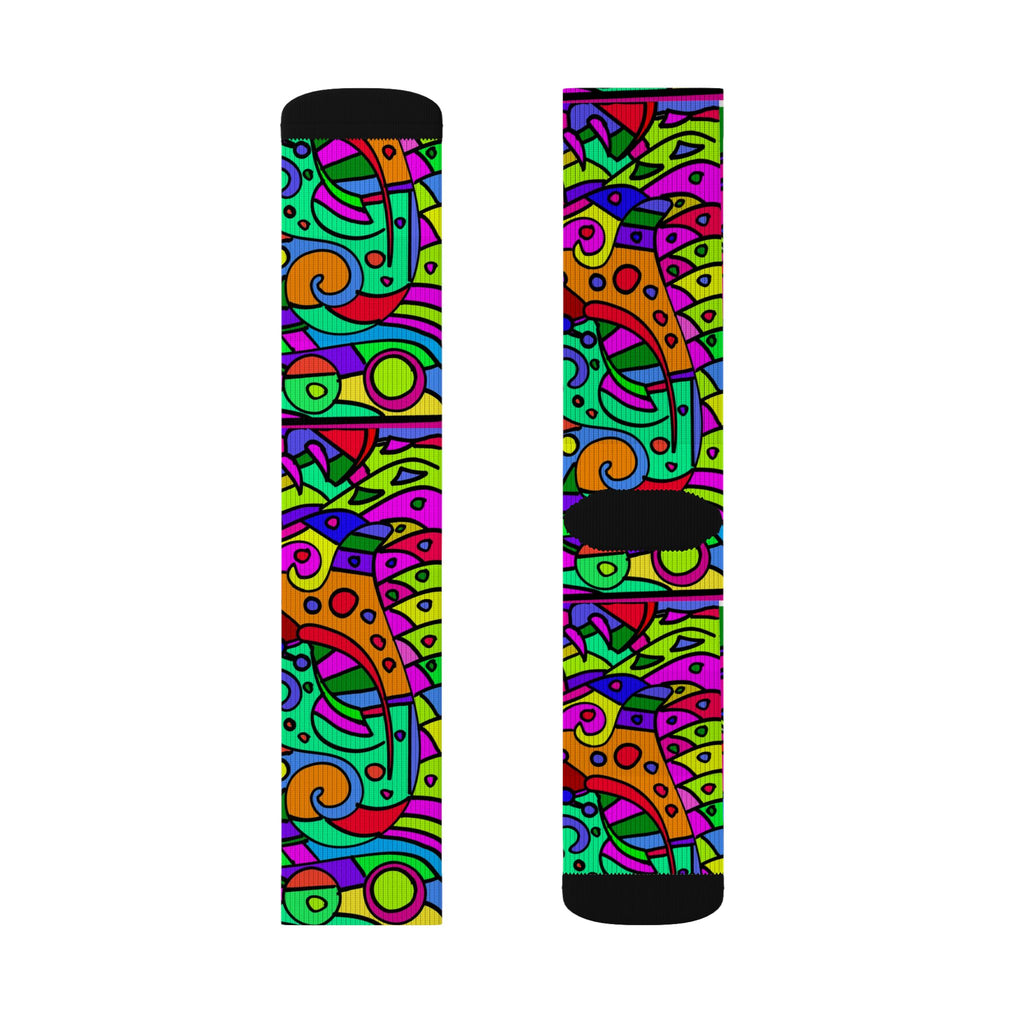 Portal 2 Socks- Psychedelic Abstract Sublimation Socks – Bright Retro Doodle Crew Socks