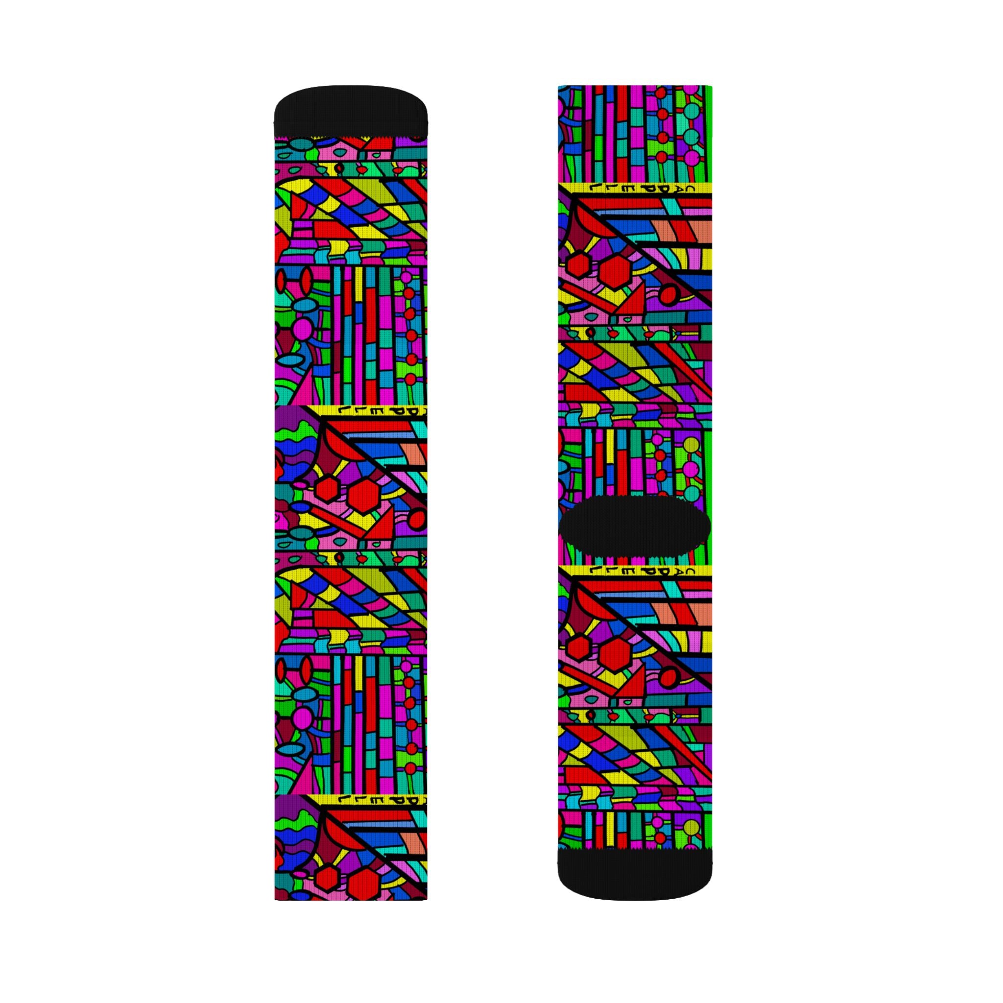 Portal 2 Socks -Colorful Geometric Crew Socks – Vibrant Stained-Glass Pattern Sublimation Socks
