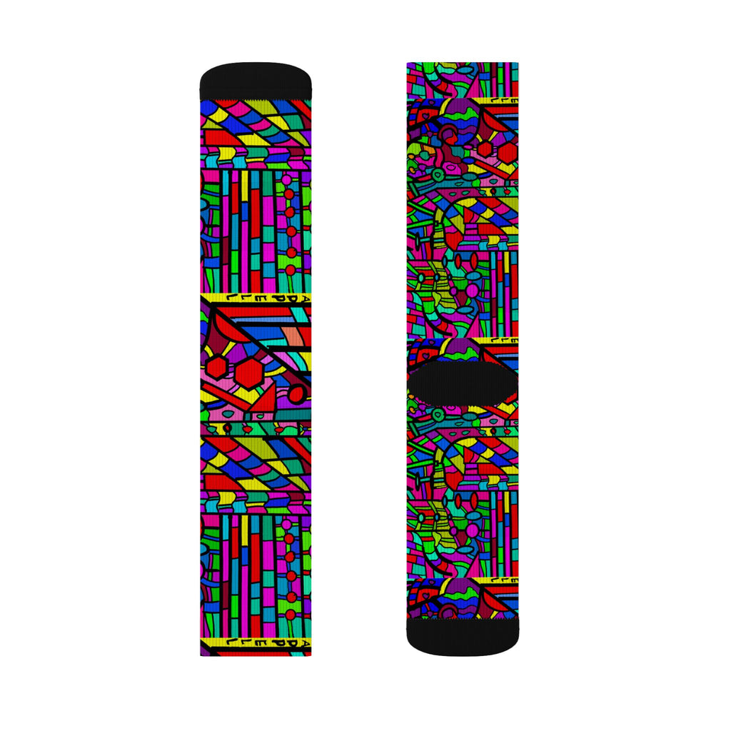 Portal 2 Socks -Colorful Geometric Crew Socks – Vibrant Stained-Glass Pattern Sublimation Socks