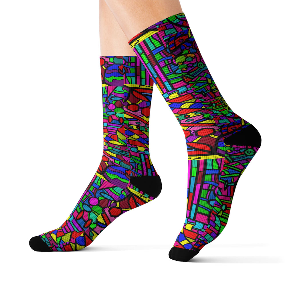 Portal 2 Socks -Colorful Geometric Crew Socks – Vibrant Stained-Glass Pattern Sublimation Socks