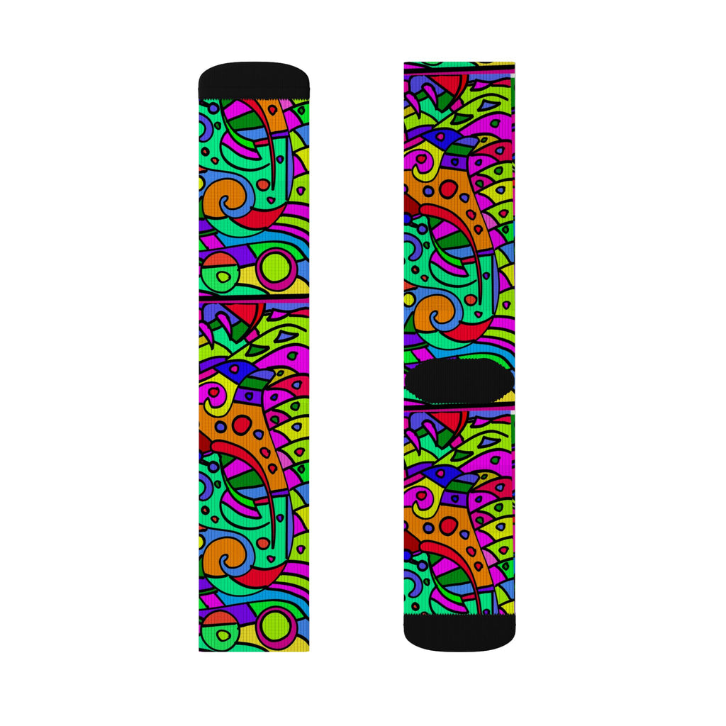 Portal 2 Socks- Psychedelic Abstract Sublimation Socks – Bright Retro Doodle Crew Socks