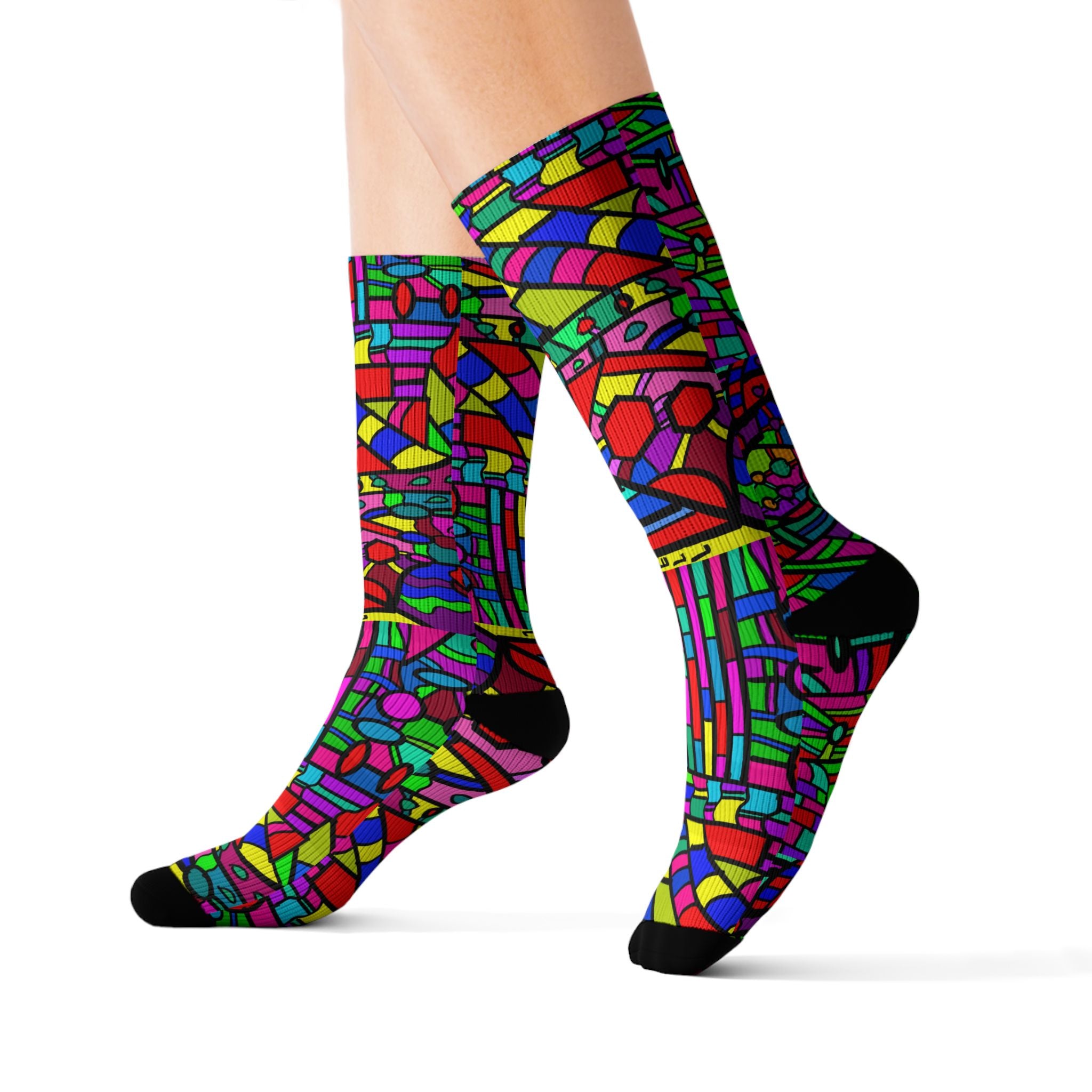 Portal 2 Socks -Colorful Geometric Crew Socks – Vibrant Stained-Glass Pattern Sublimation Socks