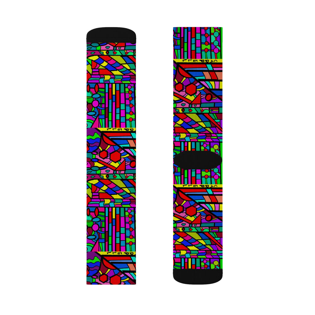 Portal 2 Socks -Colorful Geometric Crew Socks – Vibrant Stained-Glass Pattern Sublimation Socks