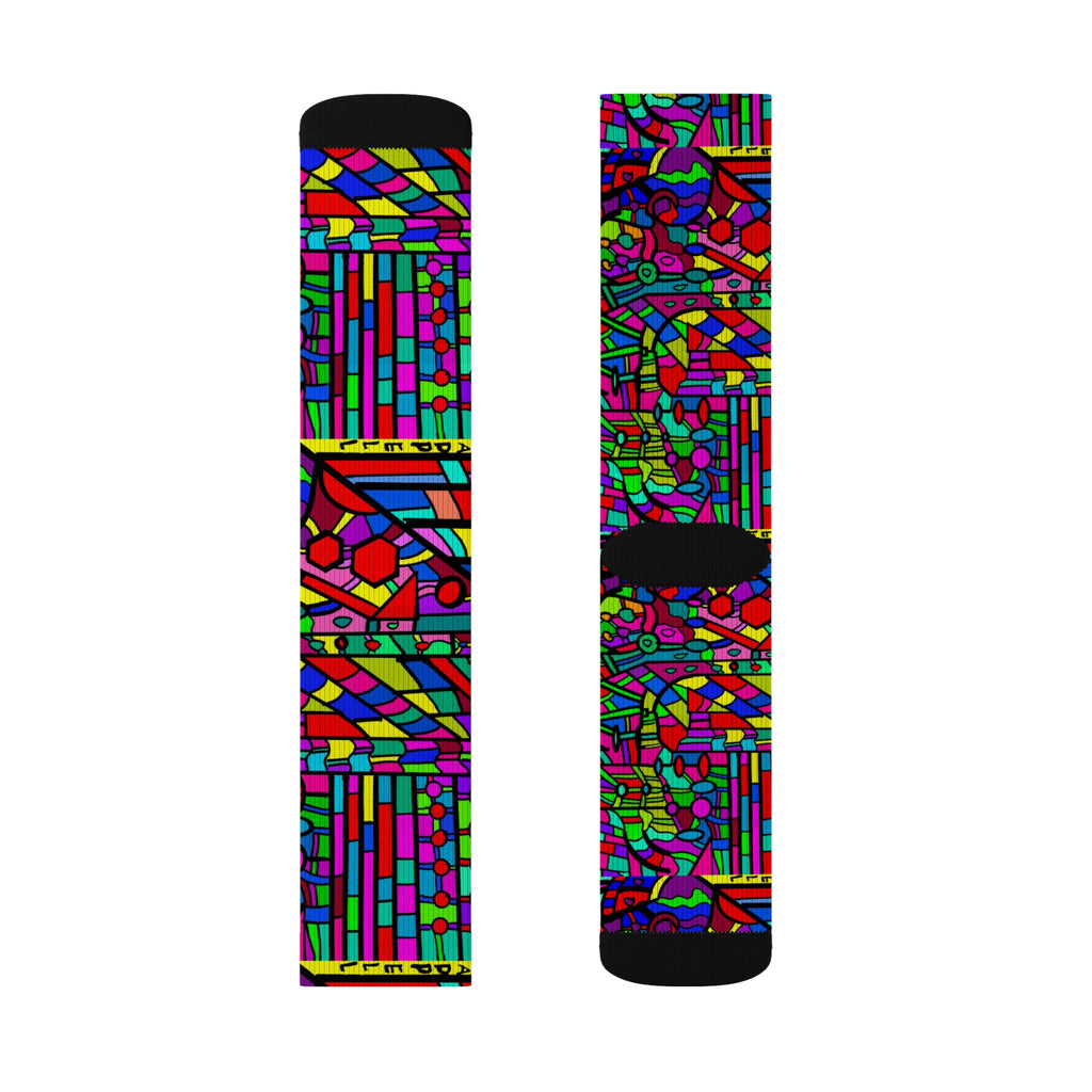Portal 2 Socks -Colorful Geometric Crew Socks – Vibrant Stained-Glass Pattern Sublimation Socks