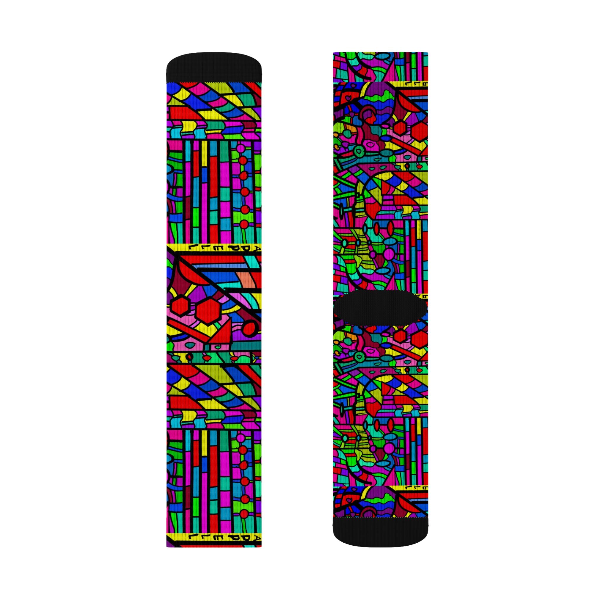 Portal 2 Socks -Colorful Geometric Crew Socks – Vibrant Stained-Glass Pattern Sublimation Socks