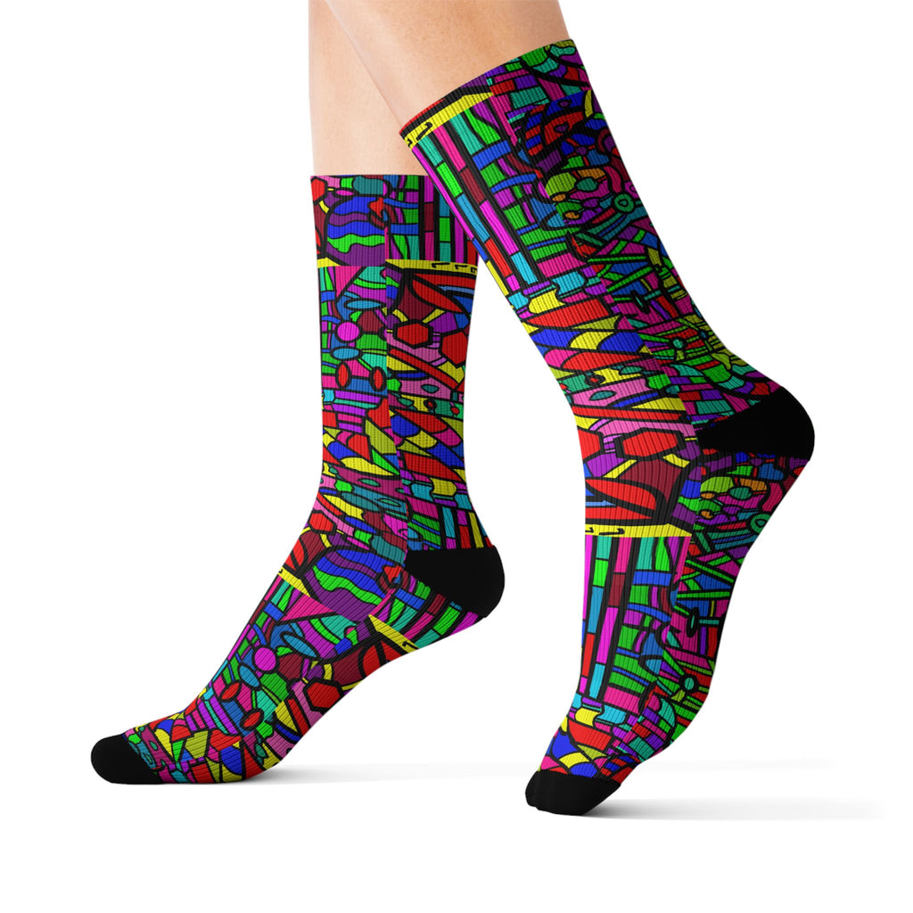 Portal 2 Socks -Colorful Geometric Crew Socks – Vibrant Stained-Glass Pattern Sublimation Socks