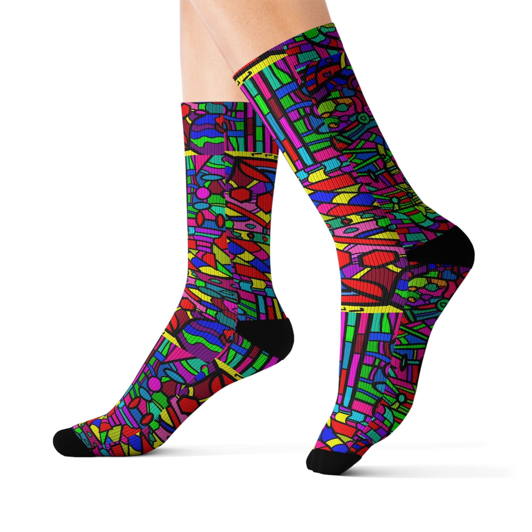 Portal 2 Socks -Colorful Geometric Crew Socks – Vibrant Stained-Glass Pattern Sublimation Socks