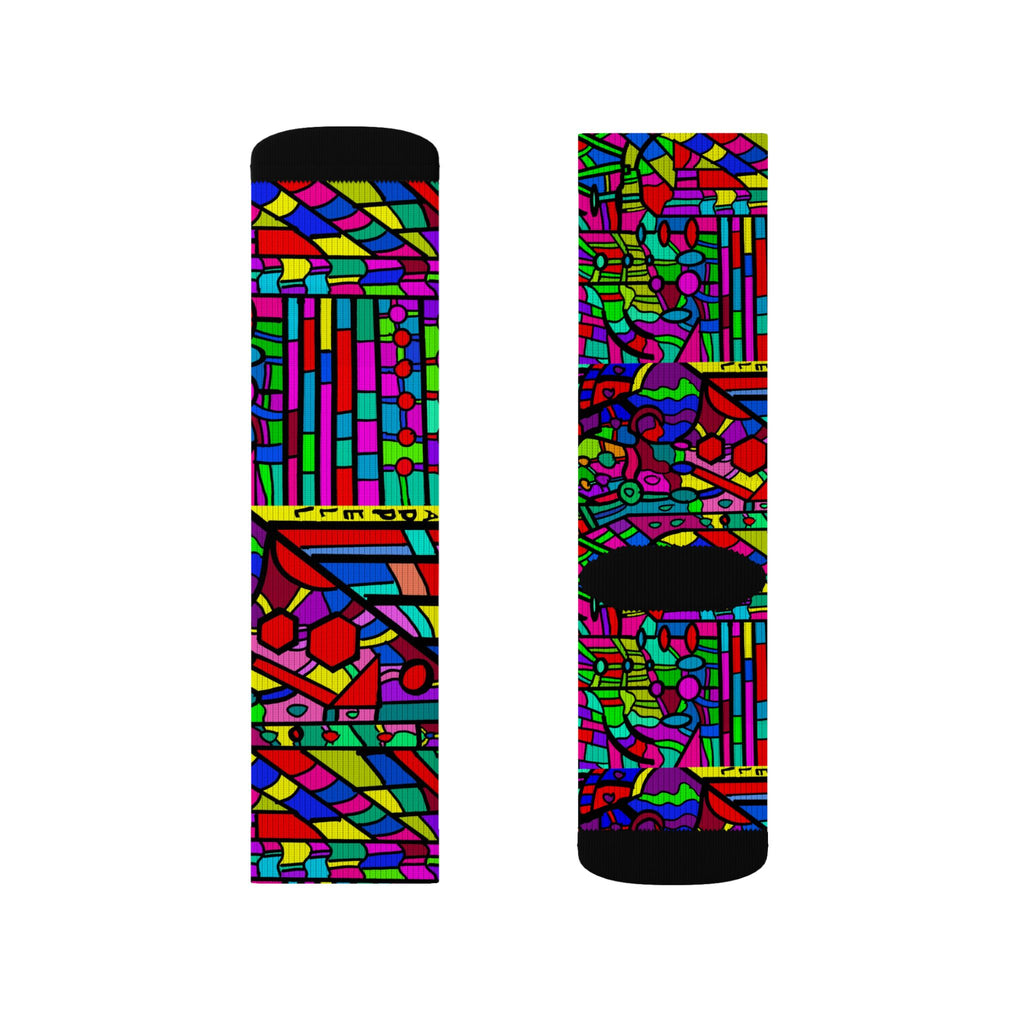 Portal 2 Socks -Colorful Geometric Crew Socks – Vibrant Stained-Glass Pattern Sublimation Socks
